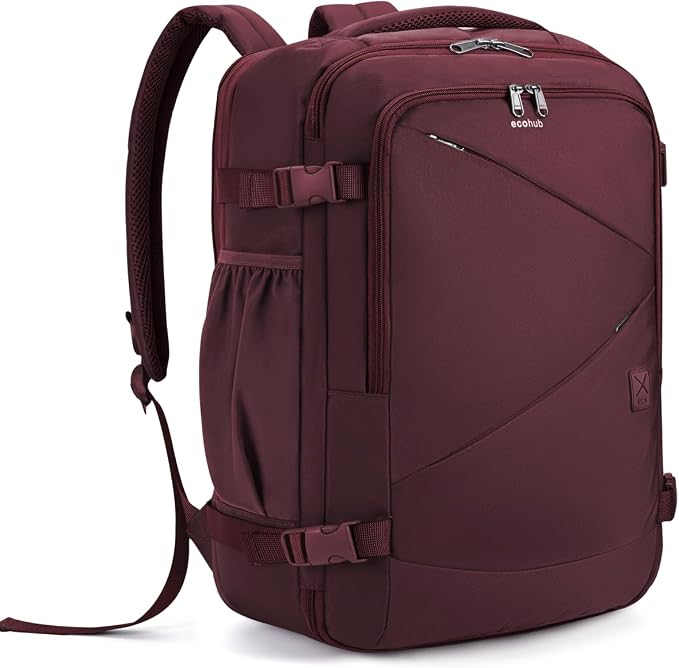 ECOHUB Carry On Travel Backpack, Expandable Airlines Personal Item Bag 18x14x8, Water Resistant 17 inch Laptop Backpack Flight Approved, 12 Pockets 30L Work Backpacks with Wet Pocket & Cable Slot, Red by ECOHUB