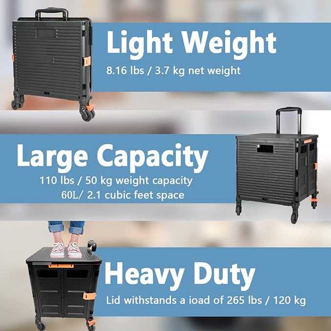 Utility Cart Folding Portable Rolling Crate Handcart with Lid Durable Heavy Duty Plastic Telescoping Handle Collapsible 360 Degree Rotate Wheels for Travel Shopping Moving Luggage Office Use,Black - Image 4