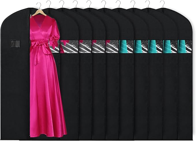 KEEGH Garment Bags for Hanging Clothes 60" (Set of 10) Dress Bags for Gowns Long Dress Bags for Closet Storage with Zipper and Eye-Hole for Folding for Suit Coats Dresses, Black by KEEGH