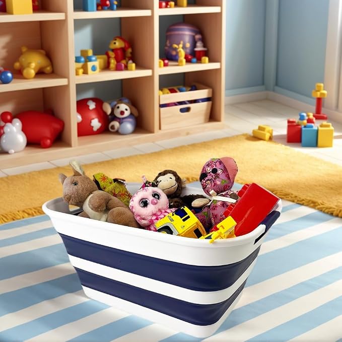 SAMMART Collapsible Plastic Laundry Basket with Handle/Foldable Pop Up Storage Hamper/Portable Laundry Organizer-Space Saving Washing Tub/Household Storage (White/Starry Blue, 27L) - Image 2