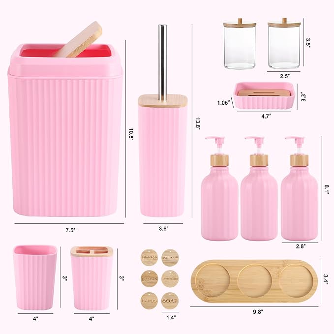 Pink Bathroom Accessories Set 17PCS Bathroom Set with Trash Can 3PCS Lotion Soap Dispenser, Toothbrush Holder, Soap Dish,Tumbler Cup,6PCS Wood Tags Bath Accessories with Tray for Kitchen Bathroom - Image 6