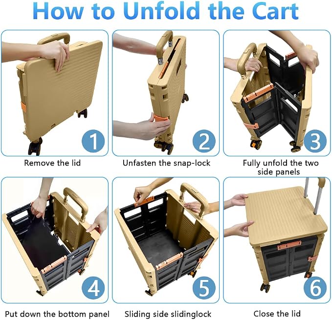 FELICON SELORSS Foldable Utility Cart Folding Portable Rolling Crate-Khaki | Durable,Heavy Duty,Plastic Box,Telescoping Handle,4 Rotate Wheels,Collapsible Handcart for Travel Shop Move Luggage Office - Image 4