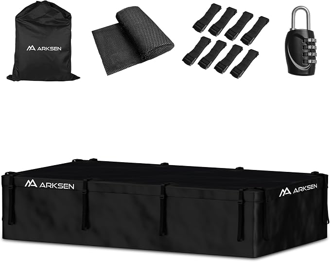 ARKSEN Extra-Wide 42 Cubic Feet Waterproof Rooftop Cargo Carrier Bag Heavy Duty Car Roof Rack Bag for Full-Size Cars w/ 8 Door Hook Straps +1 Combination Lock, 12 Reinforced Straps & Anti-Slip Mat by ARKSEN