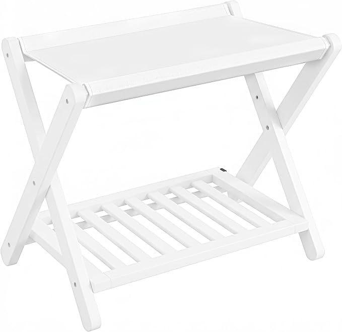 SONGMICS Bamboo Luggage Rack, Foldable Suitcase Stand, Luggage Holder with Storage Shelf, Synthetic Leather, Fully Assembled, Wipe-Clean, for Guest Room, Hotel, Bedroom, Cloud White URLR030WZ01 by SONGMICSbySONGMICSHOME