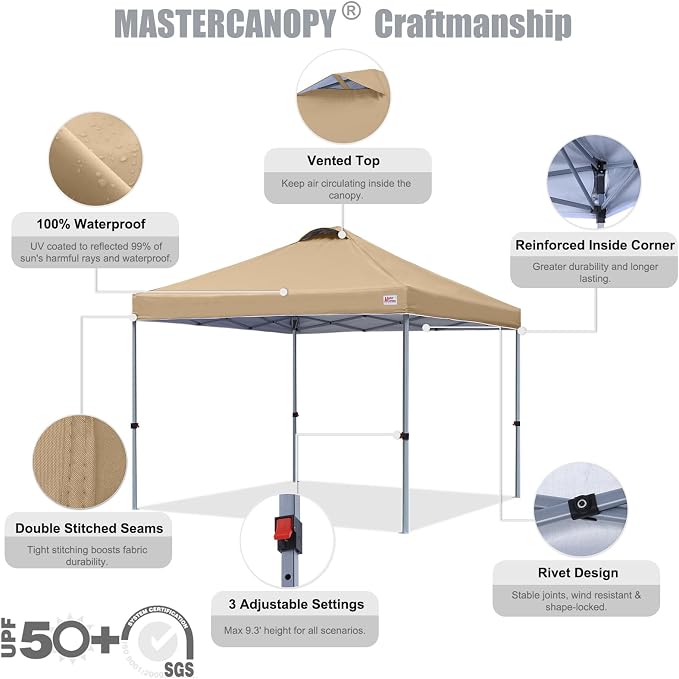 MASTERCANOPY 10x10 Pop Up Canopy Tent, 1 Person Setup Instant Shelter,Outdoor Portable Beach Canopy with Roller Bag, 4 Sandbags, 4 Ropes, 8 Stakes (10x10, Sand) - Image 3
