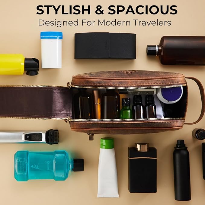 King Size Premium Leather Travel Toiletry Bag for Men and Women - Water-Resistant Dopp Kit - Mens Bathroom Bag, Shaving & Cosmetic Organizer - Toiletry Bag, Travel Bag Leather, Unisex Use - Image 8