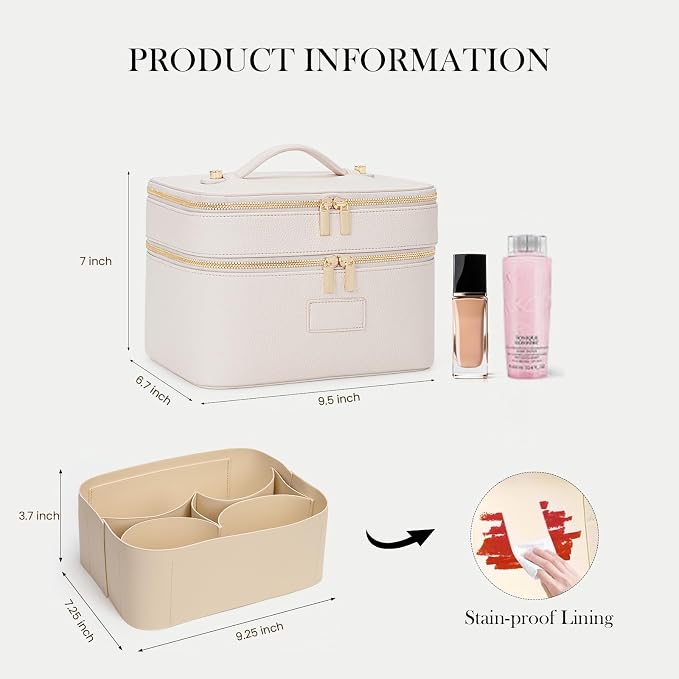 HiTotes Large Makeup Bag Duo Vanity Case for Women Leather Makeup Case Travel Toiletry Bag Portable Double Layer Cosmetic Bag - Image 2
