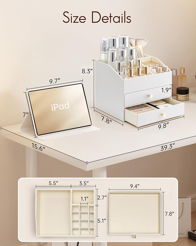 VLANDO Makeup Organizer for Vanity,Large Capacity Countertop Organizer with Drawers, PU Leather Cosmetic Display Case for Lipstick,Brushes,Skincare,Nail polish and Bedroom Storage (White) - Image 5