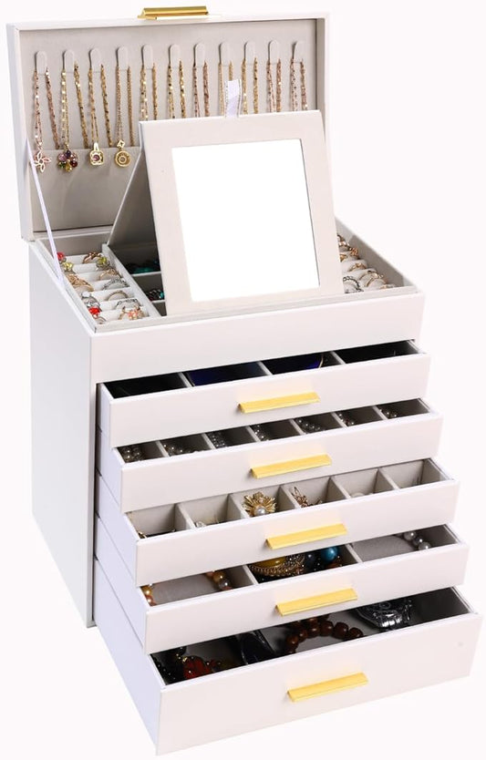 BOOVO Jewelry Boxes for Women, White and Black 6 Layer Large Jewelry Box for Necklace, Bracelet, Earrings, Rings Storage, Jewelry holder Organizer for Girls Gift (White and Gold, 6 layer) by BOOVO