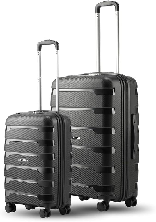 SNITCH Hard Plastic Polypropylene Travel Suitcase Small Luggage with 8 Wheels Premium Lock Wet Dry Bag and Shoe Bag Black, black, 2Pc Set, Feather-light & robust built: High-strength by SNITCH