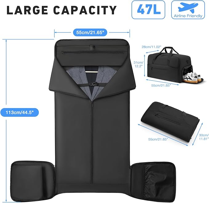 Garment Duffle Bag for Men,Convertible Garment Bags for Travel,Suit Carry-on Travel Bag Expandable with Shoes Compartment for Business Trip,Weekend(Black) - Image 9