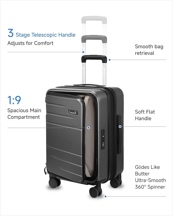 LUGGEX Carry On Luggage Top Opening, Expandable Polycarbonate Hard Shell Suitcase with Wheels (FX-Core, Charcoal Metallic, 20 Inch, 36L-41L) - Image 5