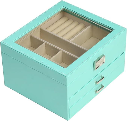 BOOVO Clear Lid Jewelry Box,3 Layers Jewelry Organizer Large Jewelry Storage Box with 2 Drawers,Jewelry Holder Organzier of Rings Earrings Necklace Bracelets for Women (Turquoise, 3 Layer) by BOOVO