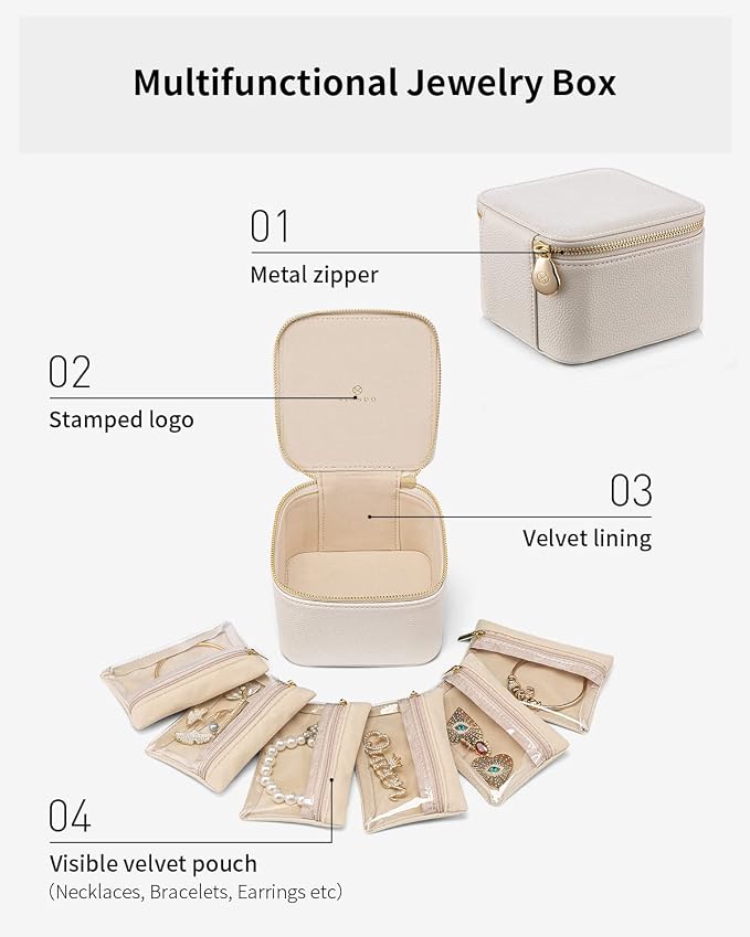 VLANDO Jewelry Travel Case,Valentines Gift,Travel Jewelry Organizer with Clear Velvet Jewelry Bags 6Pcs Zipper Pouch for Women Girl Birthday Gift-White - Image 5