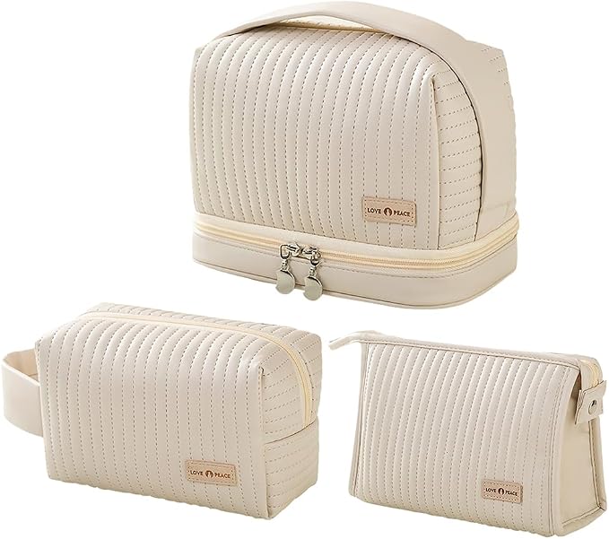 3-Piece Cute Cosmetic Bag Set - Waterproof Leather Makeup & Toiletry Organizer with Handles & Zipper, Travel-Friendly Women's Bags (Off-White) by WANNES