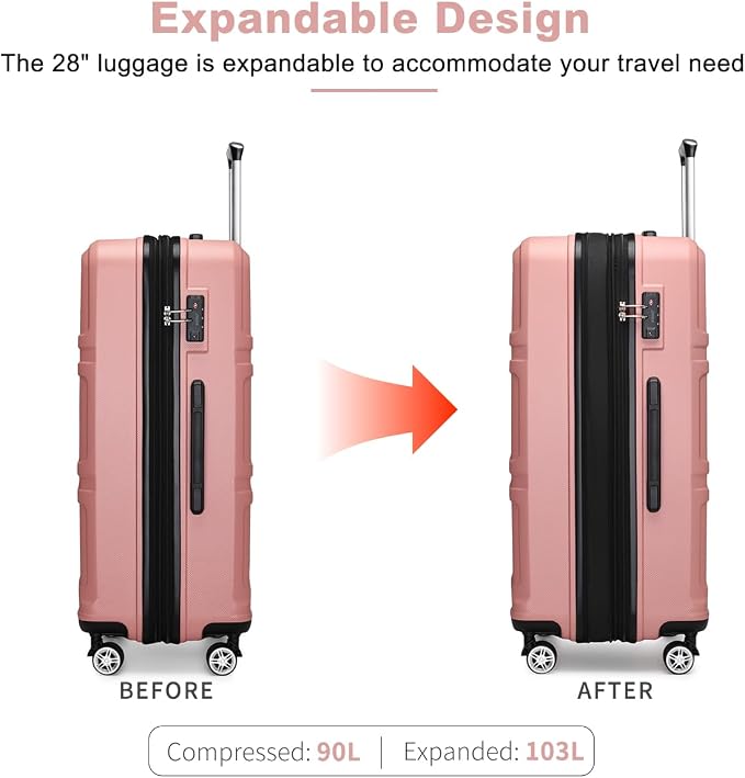 Kono 28 Inch Luggage Expandable Suitcase with Spinner Wheels TSA Lock | Lightweight PC+ABS Hardside Large Checked Luggage Durable Rolling Suitcase Nude/Rose Pink - Image 3