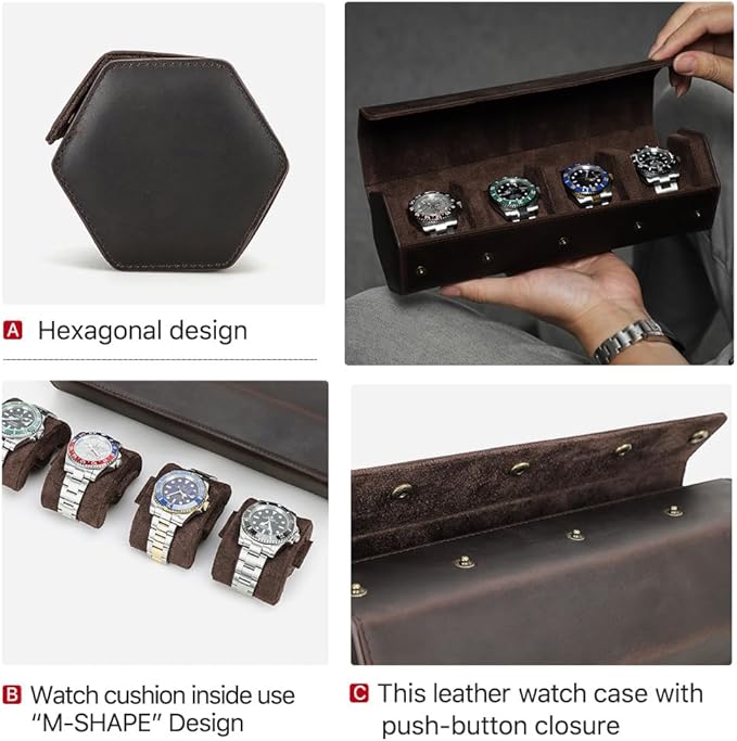Hiram Genuine Leather Hexagon Watch Roll Travel Case, Leather 4-Watches Roll Case with Removable Pillow Cushion for Treasured Watches and Bracelets - Image 4