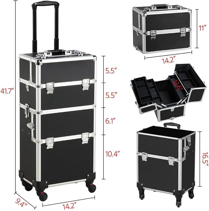 Yaheetech Rolling Makeup Train Case, Cosmetology Nail Organizer, Black | Aluminum frame and PVC shell hold a full 66 lb kit; movable dividers organize every tool, and it splits to travel on wheels - Image 3