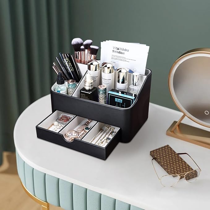 KINGFOM Leather Makeup Organizer with Drawer, Cosmetic Storage for Dresser Countertop and Bathroom Vanity, Beauty Holder for Lipstick Brush Skincare, Mother’s Day Gift for Mom(Black) - Image 6