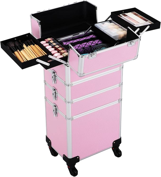 Topeakmart 4-in-1 Cosmetology Case on Wheels Lockable Makeup Trolley Pink | Reinforced with aluminum trim and steel corners, this rolling makeup train case organizes and locks supplies anywhere by Topeakmart
