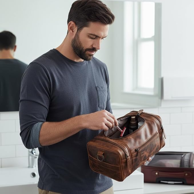 (13 inch Extra Large) Real Full Grain Leather Toiletry Bag for Men, Dopp kit with Waterproof Lining, Toiletries Organizer, Grooming Travel Bag Pouch, Bathroom Shaving Kit Zipper Bag - Image 7