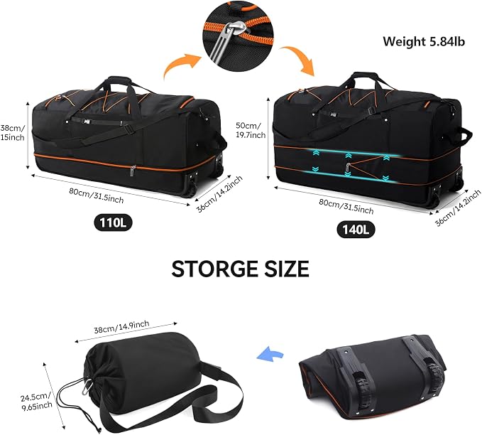 Bagenerous 110L/140L Expandable Soft-Sided Foldable Duffle Bag with 2 Rubber Wheels,Packable 32” Rolling Carry-On with Multi-Pockets & Compartments,Black Orange - Image 2