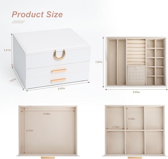 Elegant Jewelry Storage Box with Mirror 3-Tier Design with Smooth-Gliding Drawers Jewelry Organizer Perfect Christmas Birthday Gift for Wife Mom Women White - Image 3
