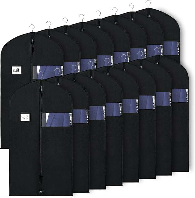 KEEGH 40" Suit Bags for Closet Storage (Set of 16) Garment Bags for Hanging Clothes, Suit Cover Bags for Suits Coats Dress with Zipper and Transparent Window, Black by KEEGH