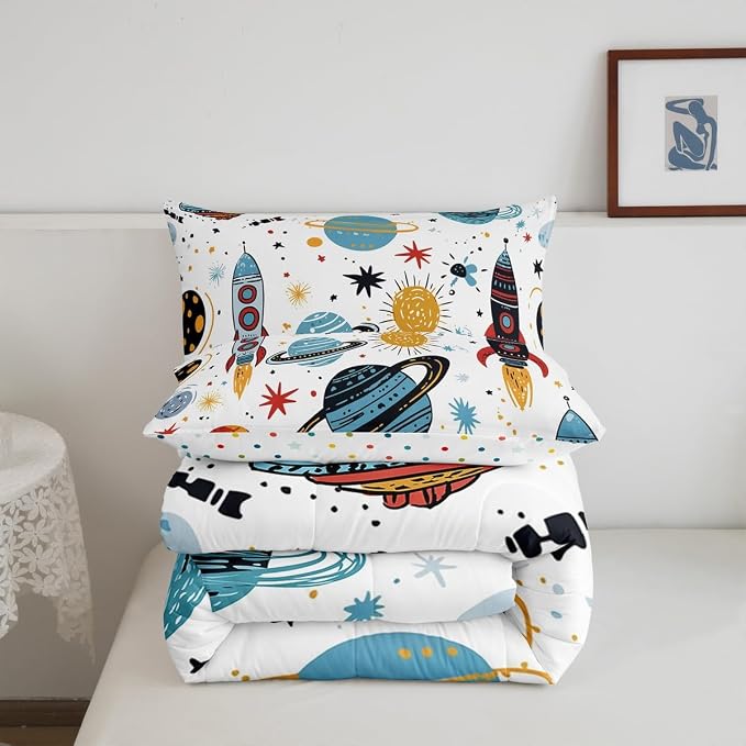 Erosebridal Outer Space Bedding Set King Size Kids Boys Space Ship Rocket Comforter Set Cartoon Universe Stars Planet Down Comforter Cosmos Meteorite Quilt Duvet Set with 2 Pillow Cases - Image 7