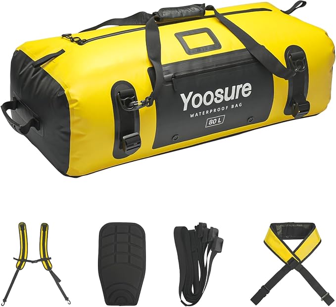 80L Waterproof Duffel Bag Motorcycle Dry Bag Backpack, Waterproof Zippered Bags with Backpack Spacer Pad for Kayaking Rafting Boating Canoeing Camping Paddle Beach (Yellow) by Unknown