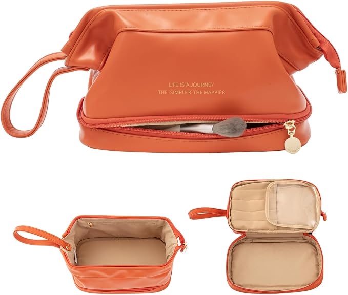 Abiudeng Large Capacity Makeup Bag Ladies Cosmetic Bag Travel Bag with Compartments Portable PU Leather Travel Makeup Bag with Handle by Abiudeng