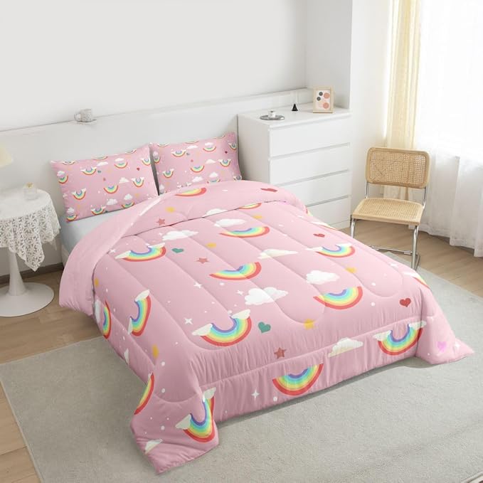 Erosebridal Rainbow Down Comforter Twin Size, Sparkly Galaxy Comforter Set for Kids Girls Boys Children Teens Women, Starry Sky Cloud Quilted Duvet Iridescent Stripes Bedding Set All-Season, Pink - Image 3