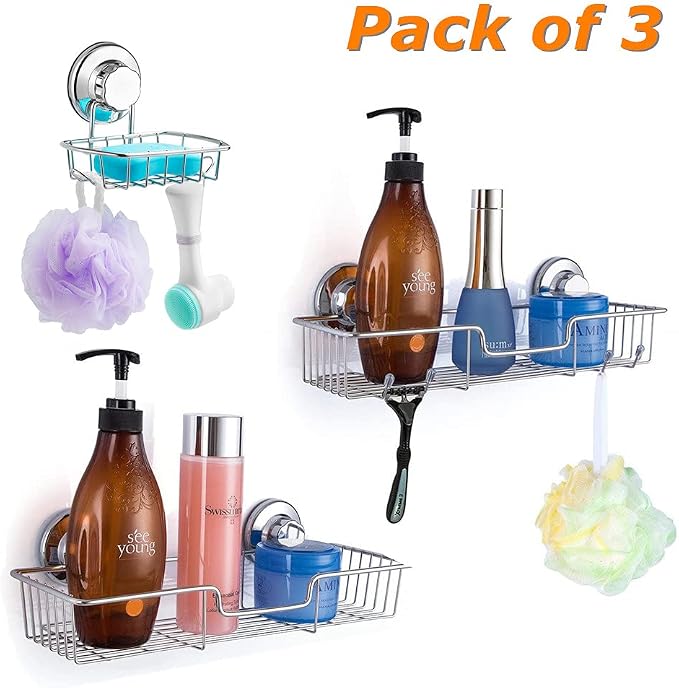 SANNO Suction Cups Shower Caddy Soap Dish Holder for Large Shampoo Shower Gel Holder Bathroom Storage Bath Organizer Kitchen Storage Basket for Shampoo, Conditioner, Soap- Rustproof Stainless Steel - Image 2