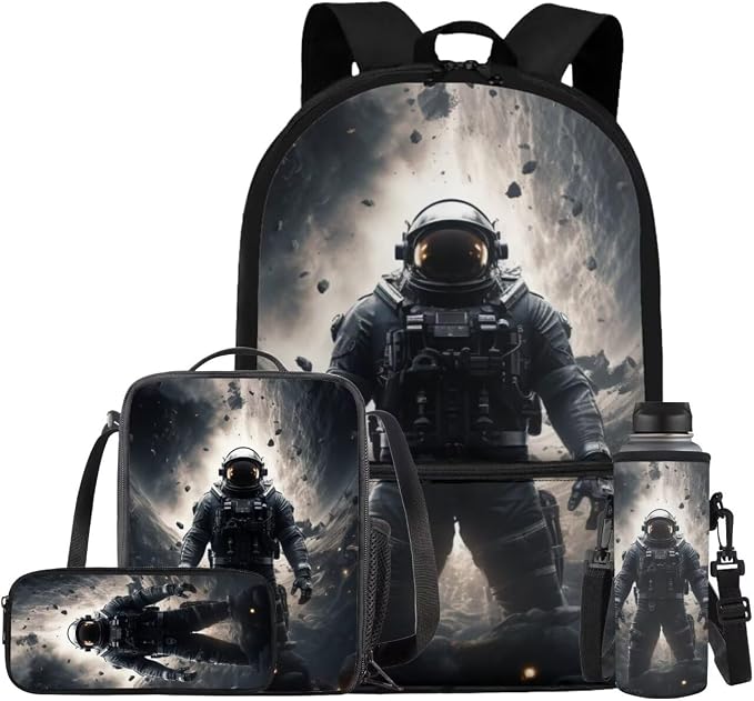 Astronaut Backpack for Kids Boys Backpack with Lunch Box Water Bottle Bag and Soft Pencil Case 4PCS Set Sturdy Lightweight Bookbag with Front Pocket 17" Large Capacity Elementary School Bag by ELEDIZI