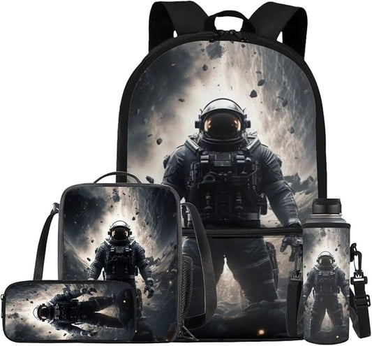Astronaut Backpack for Kids Boys Backpack with Lunch Box Water Bottle Bag and Soft Pencil Case 4PCS Set Sturdy Lightweight Bookbag with Front Pocket 17" Large Capacity Elementary School Bag by ELEDIZI