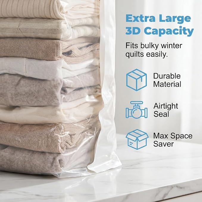 No Pump Vacuum Storage Bags, 3D Vacuum Compression Bags 40"×32"×12"(2) | No pump needed for quick compression. Ideal for storing sweaters, towels and bedding to save space for home and travel. - Image 5
