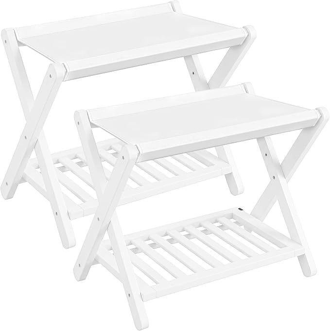 SONGMICS Bamboo Luggage Racks, Foldable Suitcase Stand, Luggage Holder with Storage Shelf, Synthetic Leather, Fully Assembled, Wipe-Clean, for Guest Room, Hotel, Bedroom, Set of 2, Cloud White URLR040WZ01 by Unknown