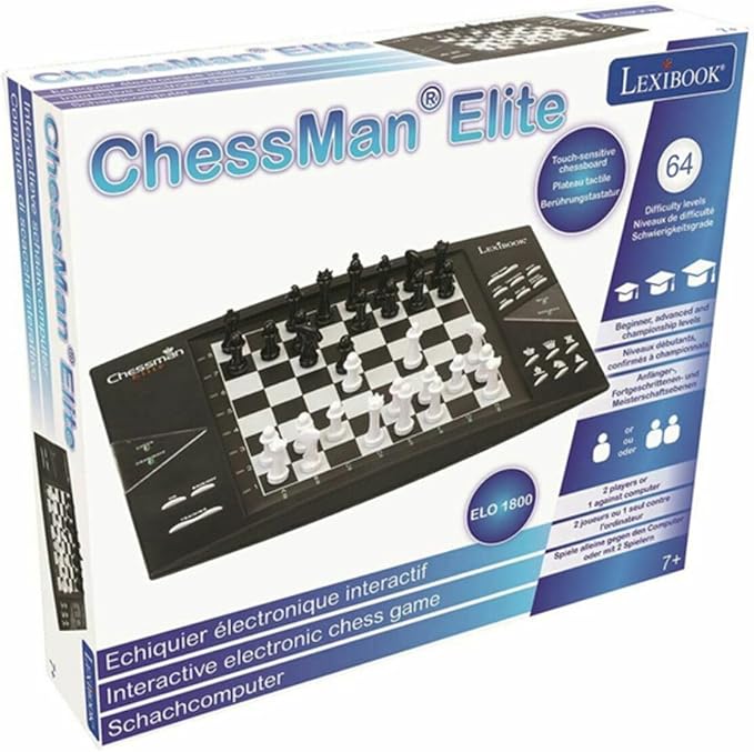 Lexibook, Chessman® Elite, Interactive Electronic Chess Game +, 64 Levels of Difficulty, LEDs, Family Child Board Game, Black/White, CG1300