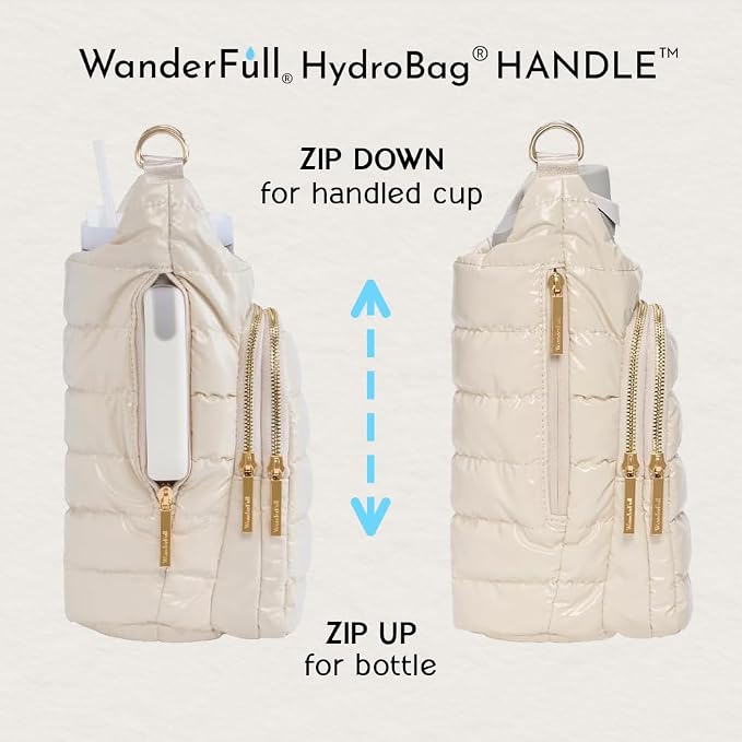 WanderFull Original HydroBag Handle®, Zipper for Handle, 40 oz Water Bottle Holder w/Strap, Crossbody Carrier Bag w/Phone Pocket- Ivory Lacquer w/Vegan Leather Trimmed Strap - Image 7