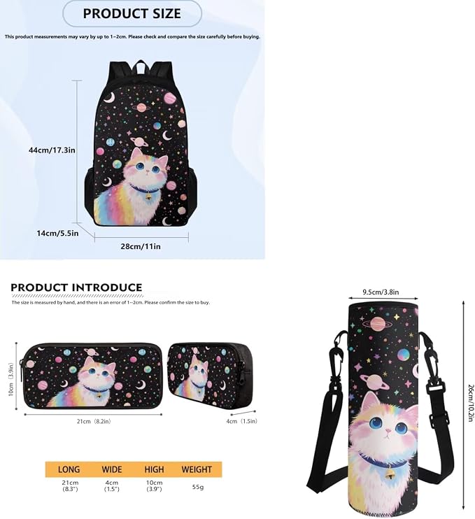 Cat Planet Backpack 4 Pcs Set for Girls Kids Casual Bookbag School Book Bag with Insulated Lunch Bag Pencil Case Water Bottle Sling, Back to School Supplies - Image 7