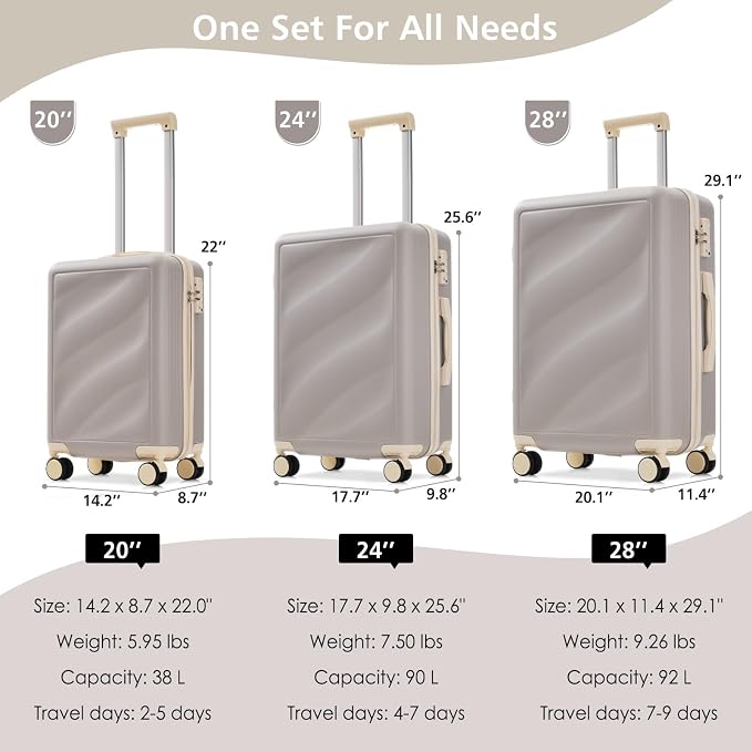 Hardside Luggage Sets, Lightweight Stripes Suitcase with Spinner Wheels, Grayish - Image 2
