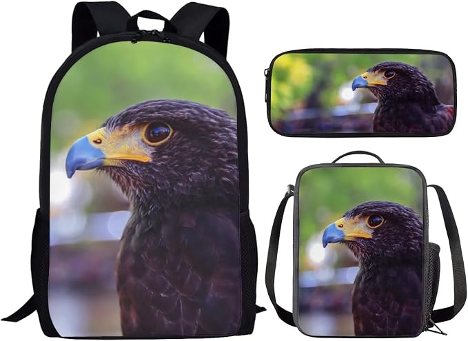 Girls Boys School Backpack with Lunch Box Pencil Case Comfy Padded Lightweight Bird Harris Hawk Backpack Set Kids Cute Bookbag Insulated Lunch Bag Student Large Capacity Daypack 17 Inch - Image 2