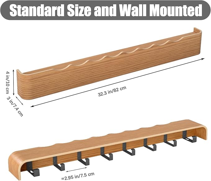Coat Rack Wall Mount with Shelf 8 Hidden Hooks Modern Wooden Key Holder Entryway Organizer for Hallway Bedroom Bathroom Home Decor Storage for Hanging Coats Hats Bags Towels, Wave-Shape Oak - Image 3
