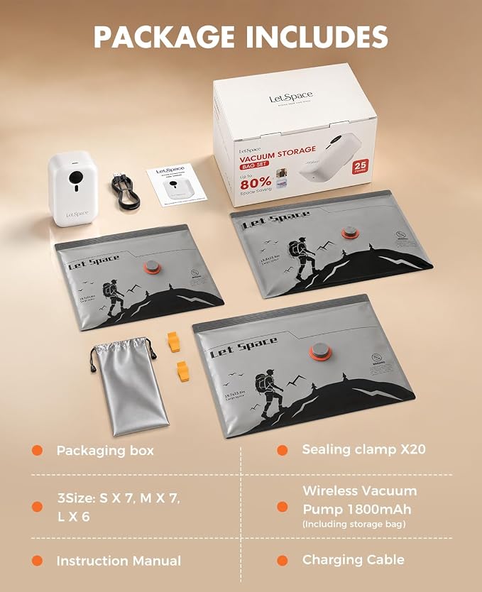 Vacuum Storage Bags with Electric Pump,Covers -60kPa Vacuum Seal Bags for Clothing Devices, Travel Bags with Portable Cordless Pump Included, Compatible with Bags 20 Combo Set - Image 9