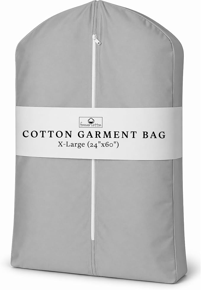 Premium 100% Cotton Garment Bags – 60" Gray Canvas Suit Cover with YKK Zipper – Breathable, Dust-Proof Storage for Suits, Coats, Dresses, Jackets & Travel/Closet Use by ForeverCotton