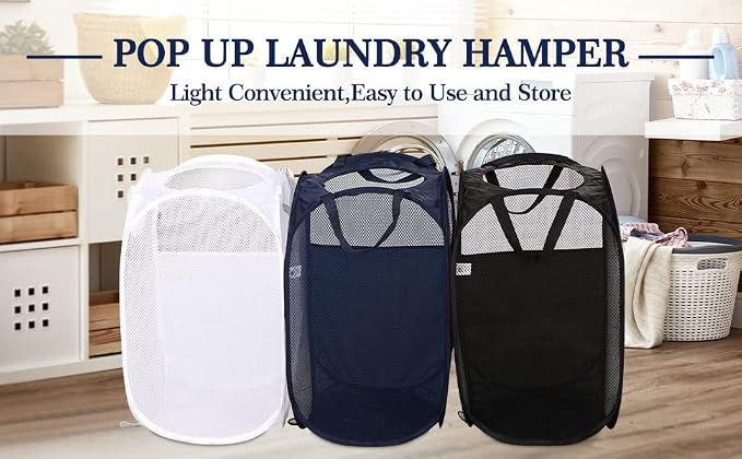 AQQA 6 Pcs Handy Laundry Collapsible Mesh Foldable Hampe (Black/White/Blue),Popup Laundry Basket with Durable Handles,Pop-up Mesh Hamper Dirty Clothes Basket for Kids Room, College Dorm or Travel - Image 5