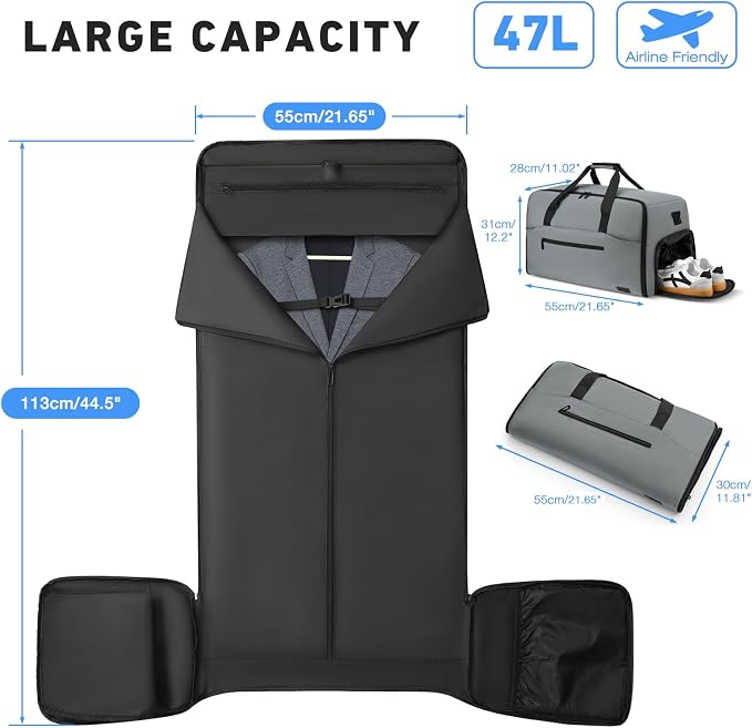 Garment Duffle Bags for Travel,Convertible Garment Bag with Shoes Compartment,Suit Carry-on Bag Expandable with Shoulder Strap for Men and Women Business Trip,Weekend,Wedding(Grey) - Image 7