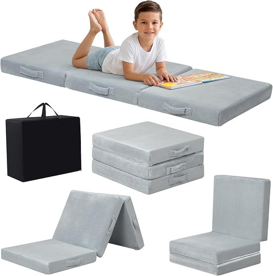MeMoreCool Foldable Floor Mattress for Kids Trifold, 75x25 Inch Grey | Trifold futon floor mattress for playroom, reading nook and travel, washable by MeMoreCool