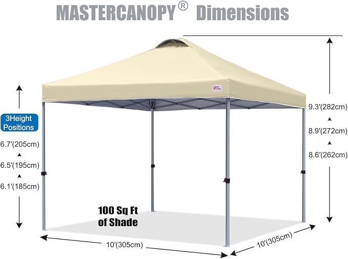 MASTERCANOPY 10x10 Pop Up Canopy Tent, 1 Person Setup Instant Shelter,Outdoor Portable Beach Canopy with Roller Bag, 4 Sandbags, 4 Ropes, 8 Stakes (10x10, Beige) - Image 2