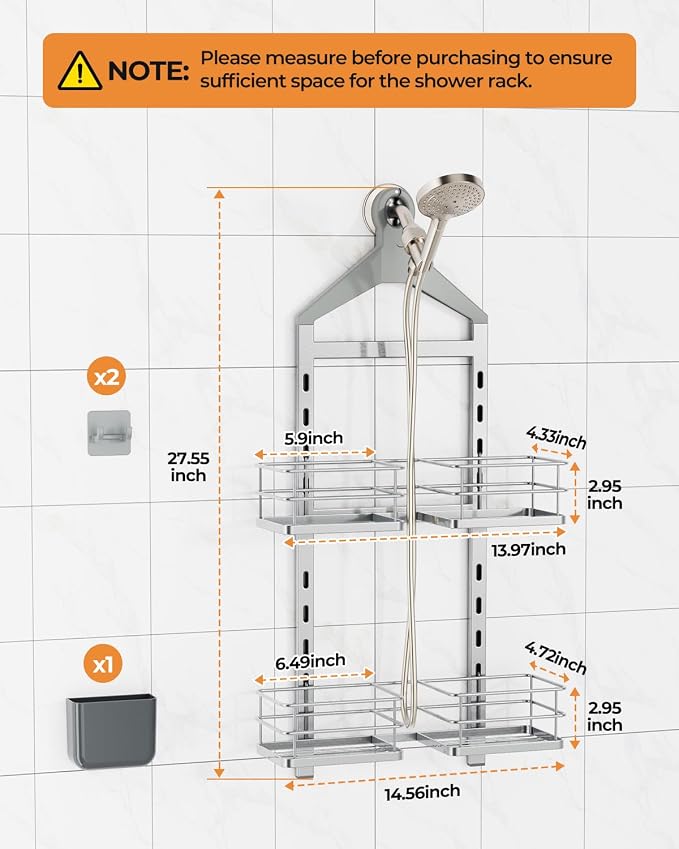 ODesign 2 Tier Shower Caddy for Handheld Shower Heads Anti-Swing Silver | No drilling required,comes with removable hook and storage box,suitable for handheld and wall-mounted showerheads - Image 2